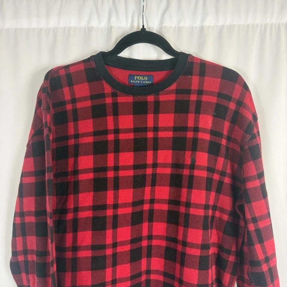 Polo Ralph Lauren Mens Red Buffalo Plaid Waffle Knit Thermal T Shirt Pullover